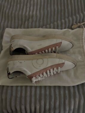 Oliver Cabell White Leather Sneakers with Blush Pink Suede Stripe